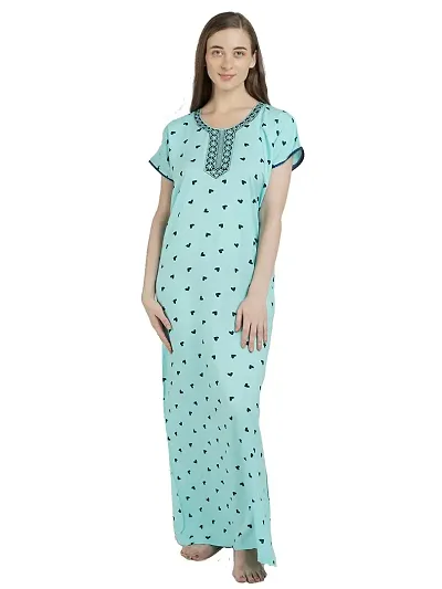 Women Rayon Heart Print Nighty | Nightgown | Maxi | with Pocket | Embroidery Neck