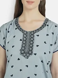 Girls and Moms Women Rayon Heart Print Nighty | Nightgown | Maxi | with Pocket | Embrodiery Neck (Large, Greyish Blue)-thumb4