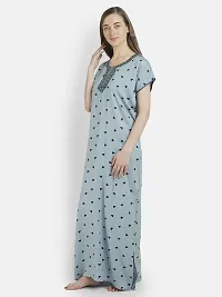 Girls and Moms Women Rayon Heart Print Nighty | Nightgown | Maxi | with Pocket | Embrodiery Neck (Large, Greyish Blue)-thumb2