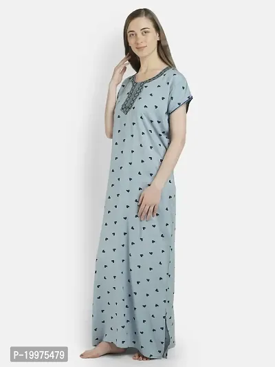 Girls and Moms Women Rayon Heart Print Nighty | Nightgown | Maxi | with Pocket | Embrodiery Neck (Large, Greyish Blue)-thumb3