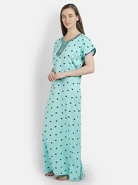 Girls and Moms Women Rayon Heart Print Nighty | Nightgown | Maxi | with Pocket | Embrodiery Neck (Large, Aqua Blue)-thumb1