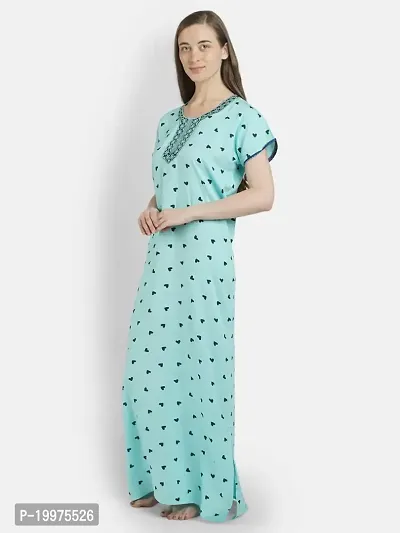 Girls and Moms Women Rayon Heart Print Nighty | Nightgown | Maxi | with Pocket | Embrodiery Neck (Large, Aqua Blue)-thumb2