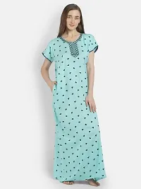 Girls and Moms Women Rayon Heart Print Nighty | Nightgown | Maxi | with Pocket | Embrodiery Neck (Large, Aqua Blue)-thumb2