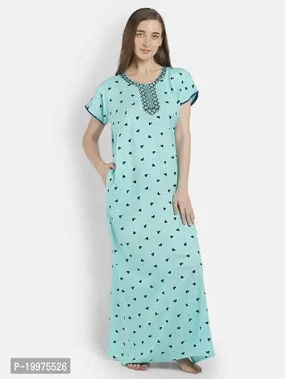 Girls and Moms Women Rayon Heart Print Nighty | Nightgown | Maxi | with Pocket | Embrodiery Neck (Large, Aqua Blue)-thumb3