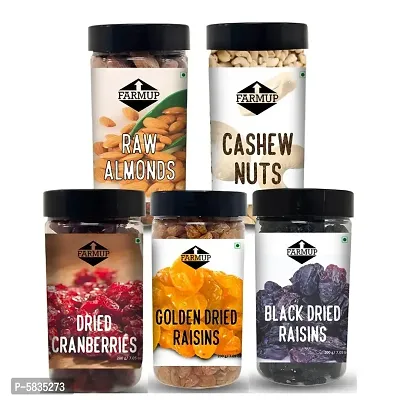 FARMUP Dry Fruits Pack (Almonds - 200g | Cashew Nuts - 150g | Dried Cranberries - 200g | Golden Raisins - 200g | Black Raisins - 200g) Pack of 5