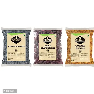 FARMUP Dried Berries Pack (Dried Cranberries - 200g | Golden Raisins - 200g | Black Raisins - 200g) Pack of 3