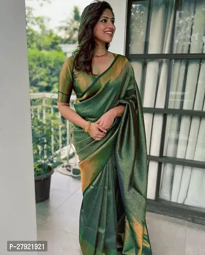 Stylish Teal Silk Blend Saree with Blouse piece For Women-thumb0