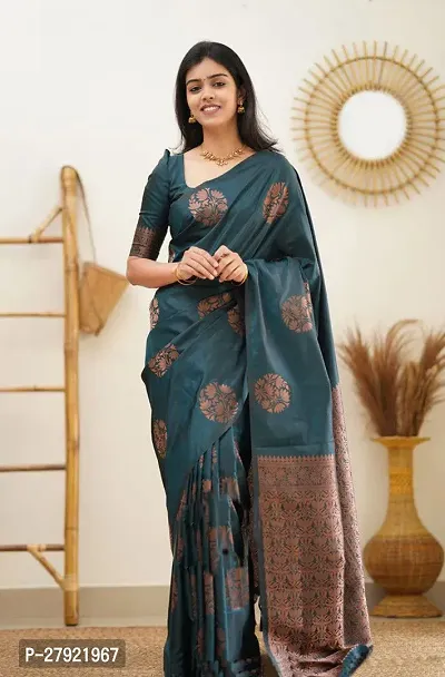 Stylish Teal Silk Blend Saree with Blouse piece For Women
