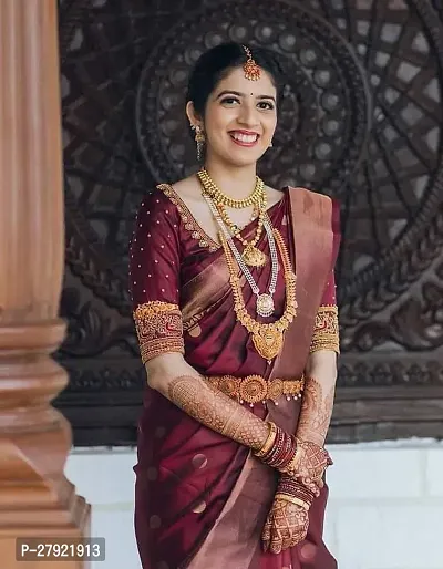 Stylish Maroon Silk Blend Saree with Blouse piece For Women-thumb0