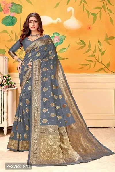 Stylish Grey Silk Blend Saree with Blouse piece For Women-thumb0