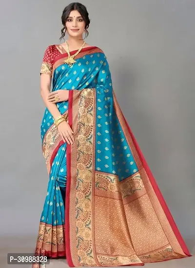 Beautiful Teal Silk Blend Women Saree with Blouse piece-thumb0