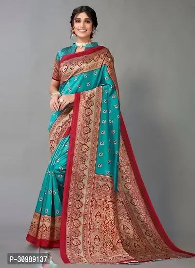 Beautiful Silk Blend Blue Woven Design  Saree with Blouse piece For Women