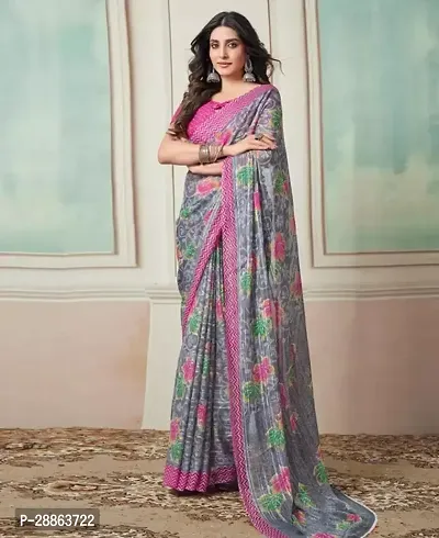 Stylish Georgette Grey Printed Saree with Blouse piece