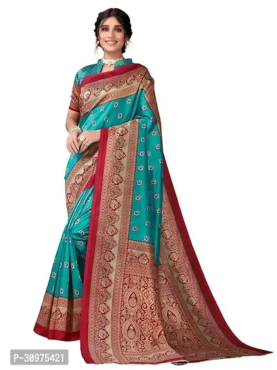 Stylish Turquoise Silk Blend Saree with Blouse piece For Women