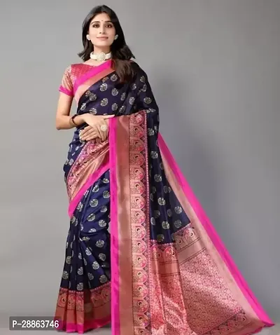 Stylish Silk Blend Blue Printed Saree with Blouse piece