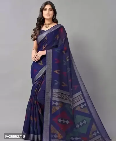 Stylish Cotton Blue Printed Saree with Blouse piece-thumb0