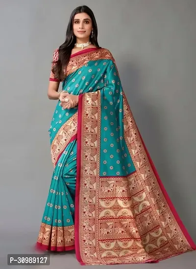 Beautiful Silk Blend Blue Woven Design  Saree with Blouse piece For Women