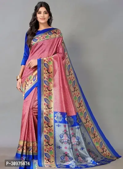 Stylish Pink Silk Blend Saree with Blouse piece For Women-thumb0