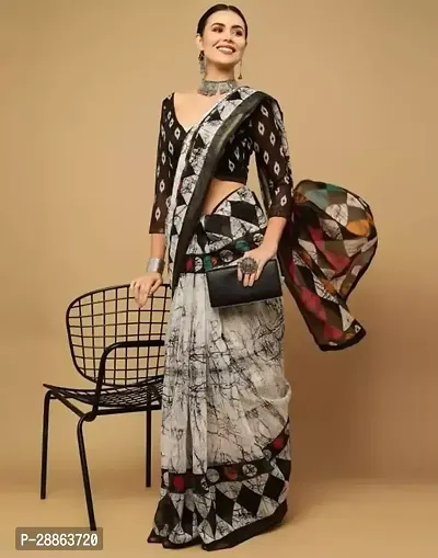 Stylish Cotton Grey Printed Saree with Blouse piece