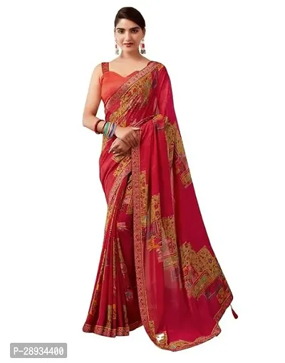 Elegant Red Georgette Printed Saree with Unstitched Blouse Piece ​-thumb0