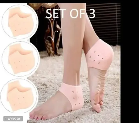 Silicone Gel Heel Pad Socks For Pain Relief - 3 Pair (Beige, Free Size)-thumb0