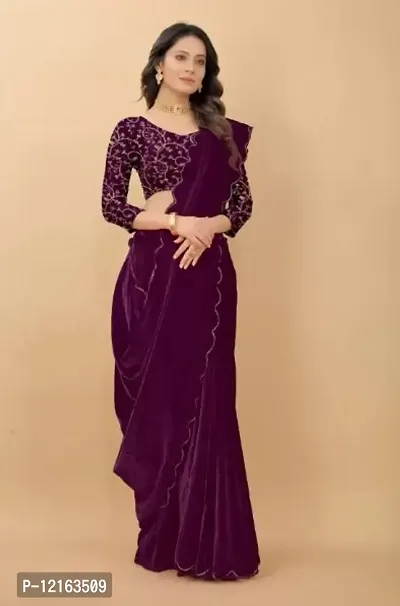 BE  Bollywood Solid Purple Colour Velvet Saree With Blouse-thumb3