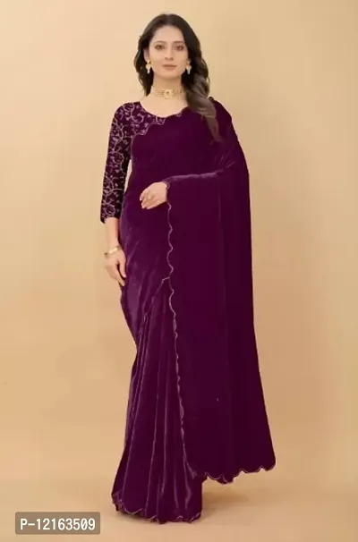 BE  Bollywood Solid Purple Colour Velvet Saree With Blouse-thumb4