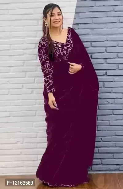BE  Bollywood Solid Purple Colour Velvet Saree With Blouse