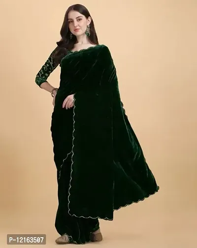 BE Bollywood Solid Green Colour Velvet Saree With Blouse