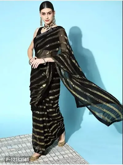 BE Bollywood Striped Black Colour Georgette Saree With Blouse-thumb0
