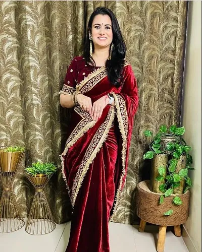 Glamorous Velvet Saree with Blouse piece 