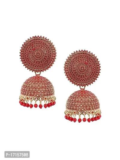 Starvis Pearls Chimes Ethnic Graceful Beautifully Enamelled Brass Chandbali Traditional Kundan Meenakari floral Ethnic Jhumki Dangler Earring For Women(red)-thumb0