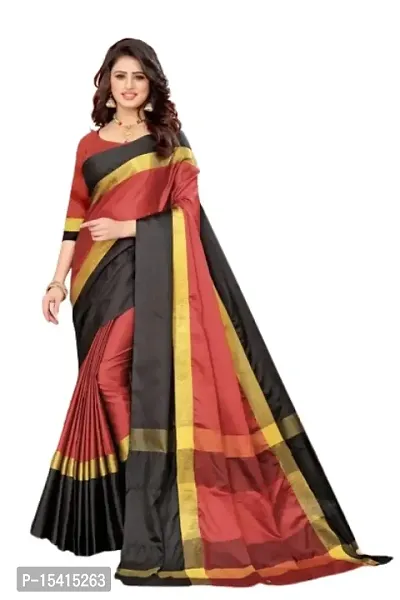 Dream Enterprise Women's Art Cotton Silk Saree With Blouse Piece (Maroon  Black) - 003-thumb0