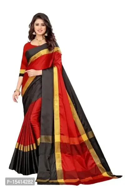 Dream Enterprise Women's Art Cotton Silk Saree With Blouse Piece (Red  Black) - 001