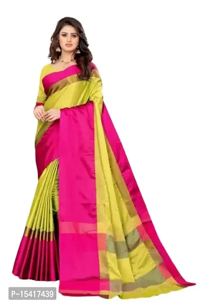 Dream Enterprise Women's Art Cotton Silk Saree With Blouse Piece (Green  Pink) - 008-thumb0