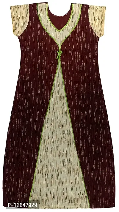 Pal Bastralaya Bengal Printed Cotton Nighty Night Gown/Night Dress for Women Free Size(cn241_sand/maroon/green)