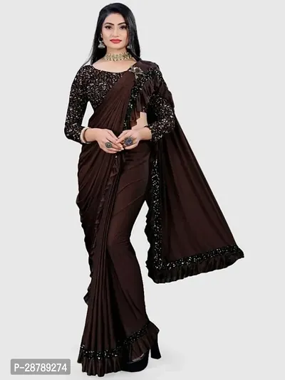Stylish Brown Crepe Saree with Blouse piece For Women-thumb0