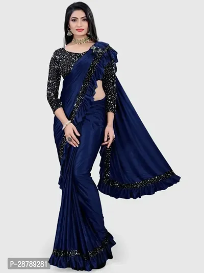 Stylish Blue Crepe Saree with Blouse piece For Women-thumb0