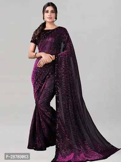 Stylish Purple Crepe Saree with Blouse piece For Women-thumb0