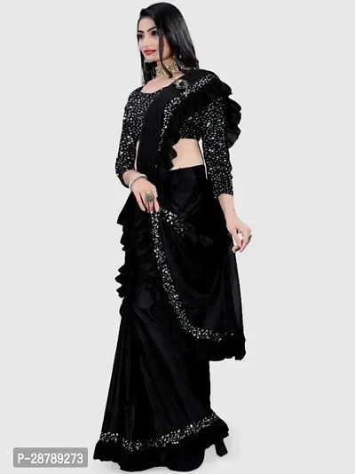 Stylish Black Crepe Saree with Blouse piece For Women-thumb0