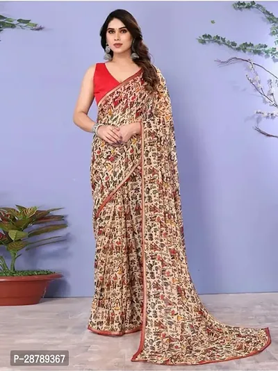 Stylish Beige Crepe Saree with Blouse piece For Women-thumb0