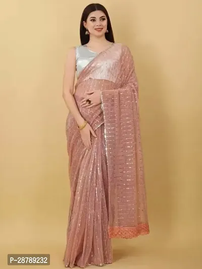 Stylish Beige Crepe Saree with Blouse piece For Women-thumb0