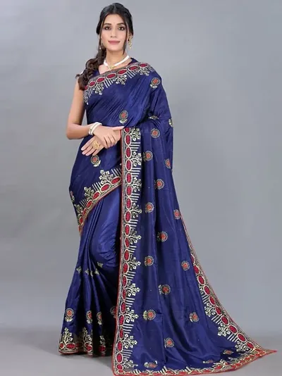 Satrani Women's Embroidery & Stone Work Poly Silk Saree with Unstitched Blouse Piece