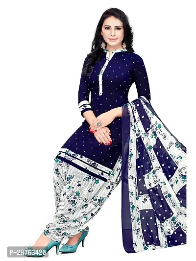 Elegant Navy Blue Crepe Printed Dress Material with Dupatta For Women-thumb0