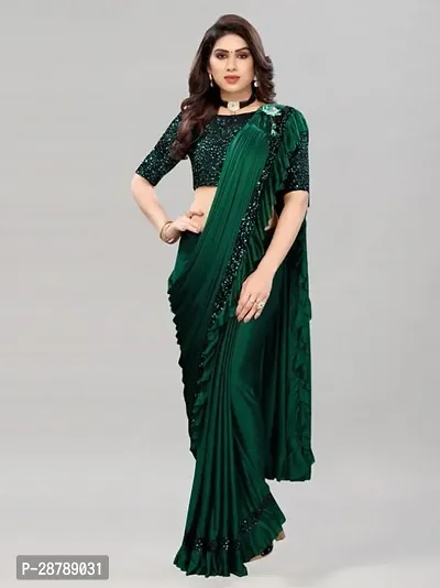 Stylish Green Crepe Saree with Blouse piece For Women