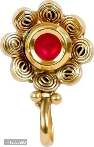 Gargish Traditional Gold Plated Round Shape Style Clip On Brass Nose Pin/Nathani Embedded with Golden Beads for Womens and Girls-thumb0