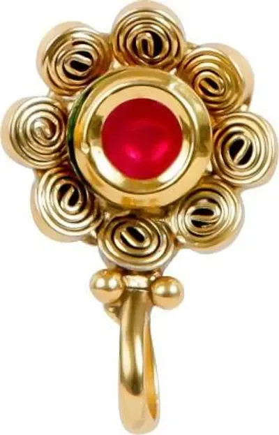 Gargish Traditional Plated Round Shape Style Clip On Brass Nose Pin/Nathani Embedded with Beads for Womens and Girls