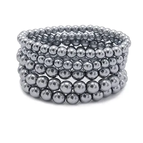 Cultured River Pearl Beaded Stretchable Combo of 5 Strand Bracelet for Women and Girls (Grey)