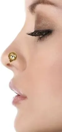 Gargish Traditional  Stylish Gold Plated Round Shape Style Clip On Brass Nose Pin/Nathani Embedded with Golden Beads for Womens and Girls-thumb2