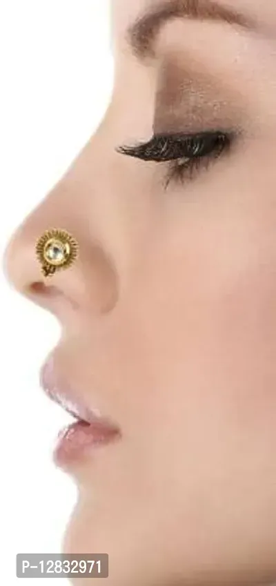 Gargish Traditional  Stylish Gold Plated Round Shape Style Clip On Brass Nose Pin/Nathani Embedded with Golden Beads for Womens and Girls-thumb3